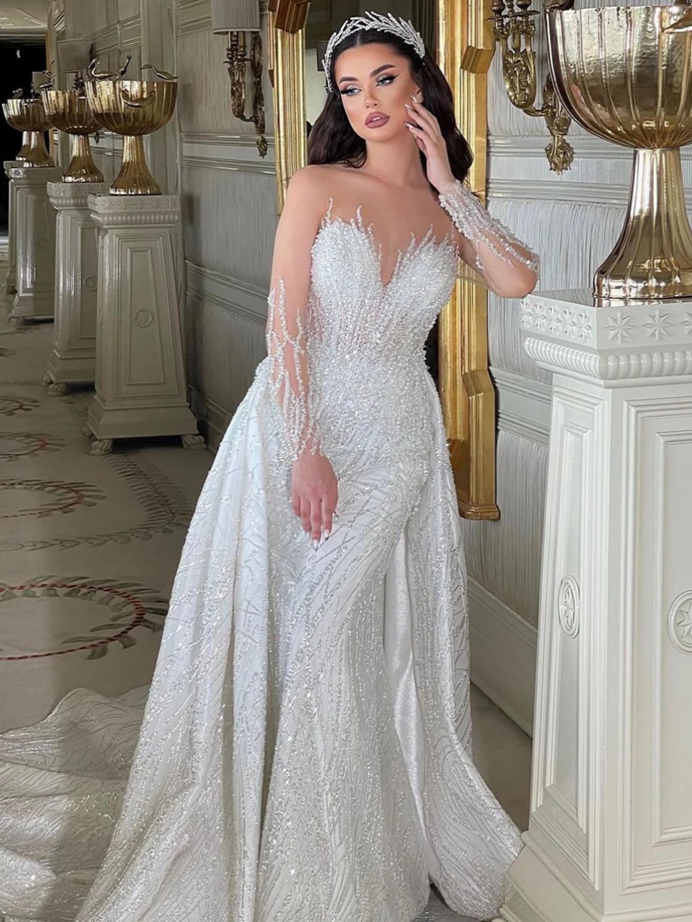 Glitter Mermaid Wedding Dress Long Sleeve O Neck Elegant Bride Gowns Detachable Sweep Train Beaded Sequins Lace Bridal Dresses Customized