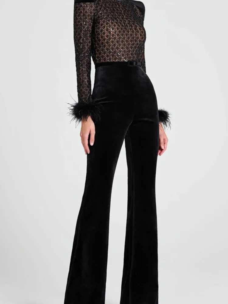 New Sequined Black Feathers Round Neck Gold Velvet Stitching Swedish Jumpsuit Casual Womens Sexy Swedish Jumpsuit W250306