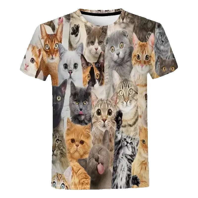 Men's round neck short sleeved T-shirt, casual fun streetwear, printed with cats, dogs and animals