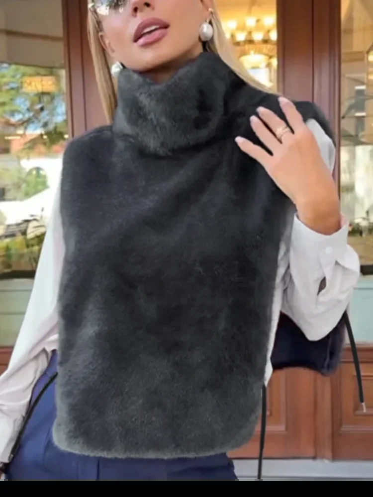 Women Solid Thickened Fur Jackets Fashion Pink High Neck Sleeveless Loose Short Coat Autumn Chic Street Lady Outerwear 251110