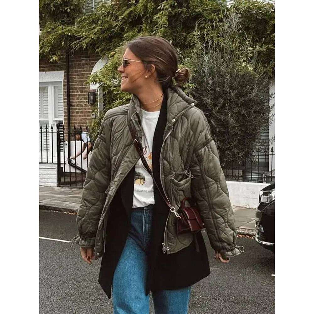 Winter Cotton Retro Solid Color Stand Collar Women's Elegant Large Pocket Quilted Highstreet Jacket