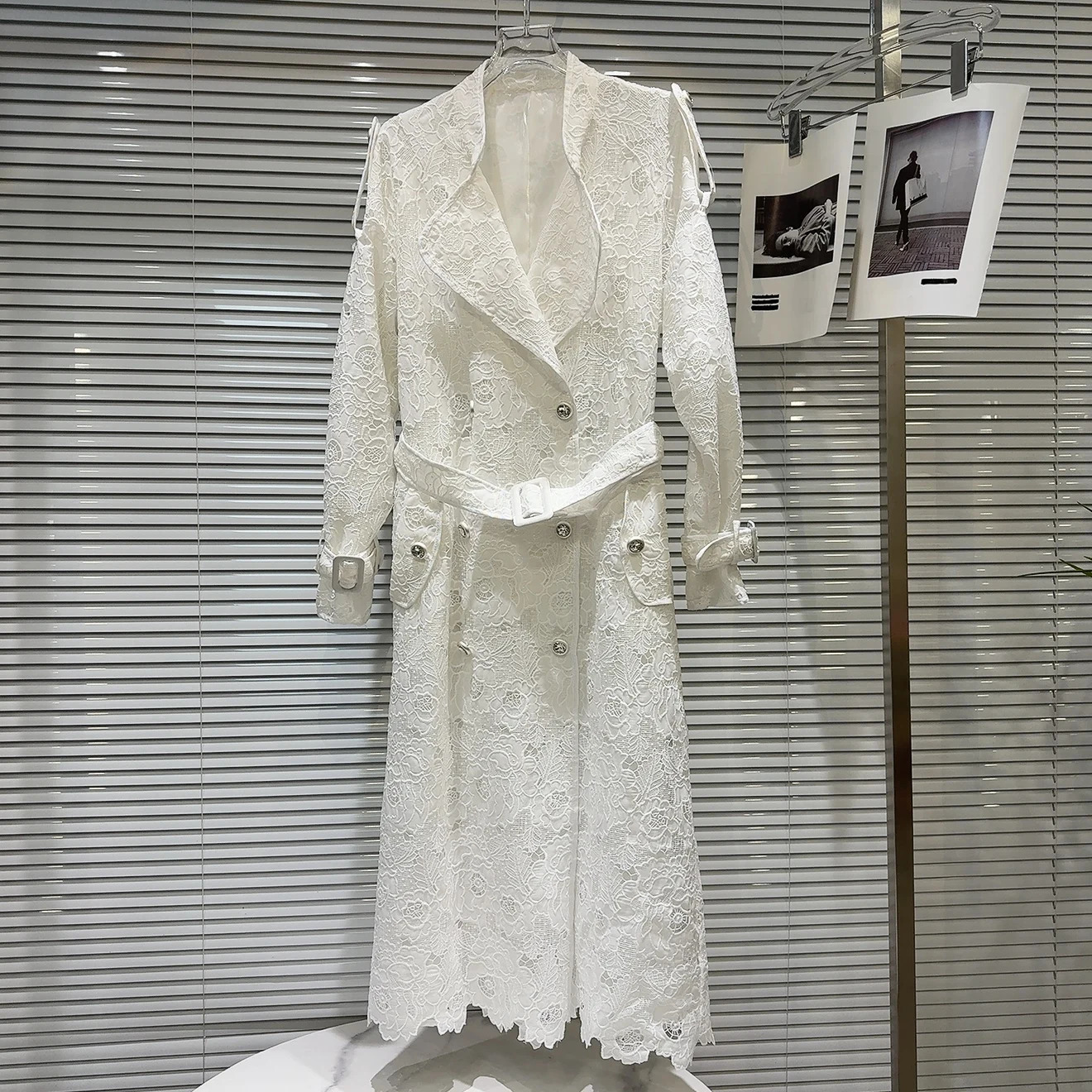 Get Spring Womens Trench Coat Double Chest Metal Buckle White Lace Windproof Machine Fully Matched Loose Ultra Thin 250410