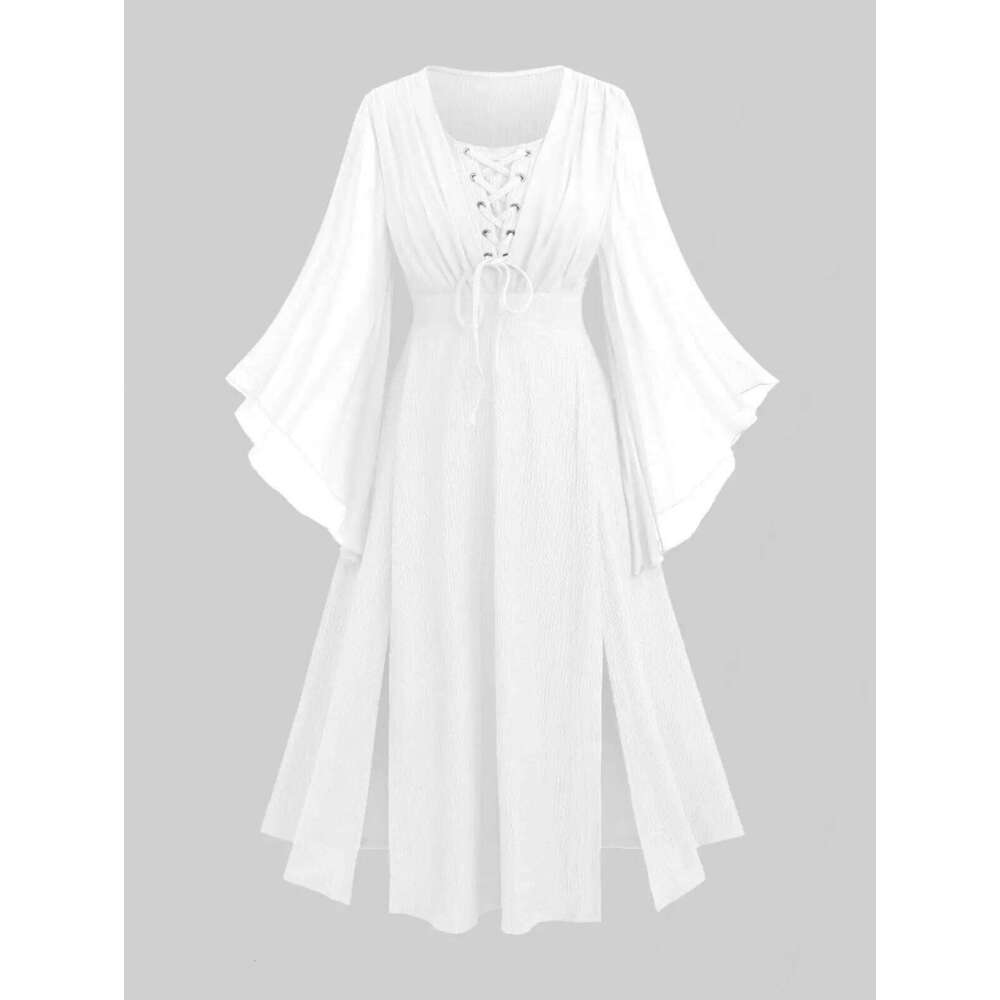 ROSEGAL Plus Size Dresses Lace Up Ruched Mesh Flare Sleeves Textured Split 2025 Autumn Women Daily Holiday Casual Dress