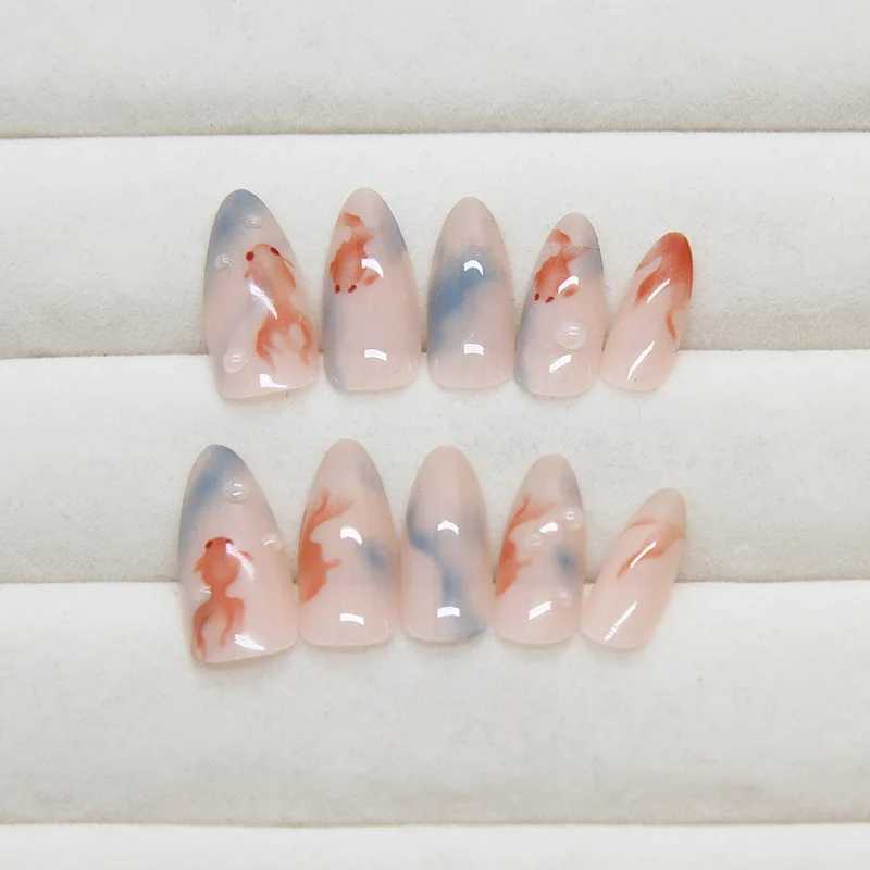 24pcs Ins Simple False Nails Goldfish Pattern Almond Fake Nails Wearable Detachable Simple Nude Pink Press W250410