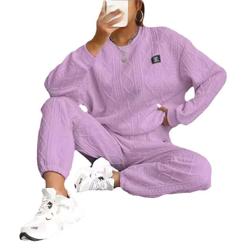 2024 autumn winter new European American women's jacquard long sleeved casual round neck hoodie and pants set