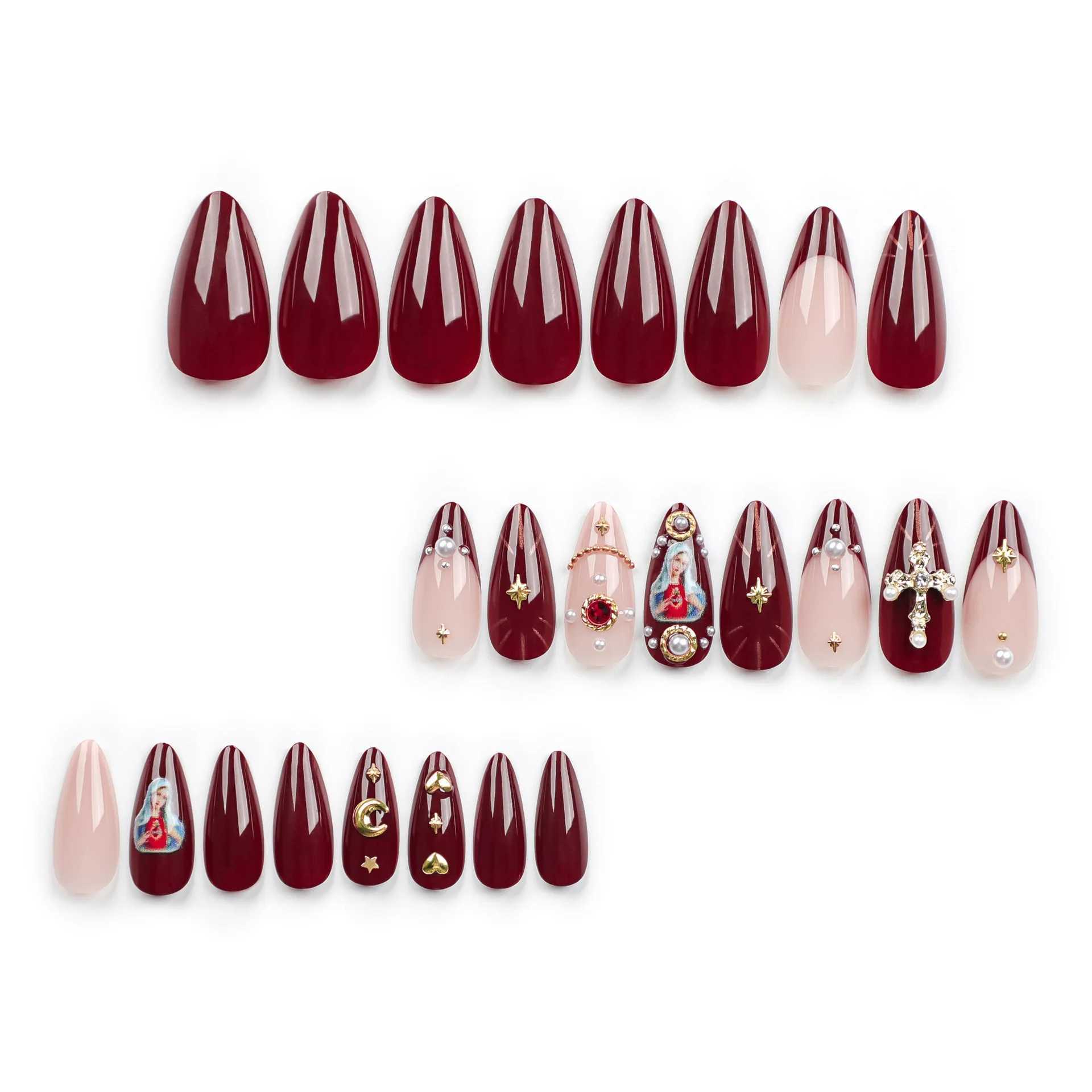 2024 New Ramadan Style Fake Nail Golden Moon Star Design Almond French Fake Nail Patch Full Cover Detachable W250410