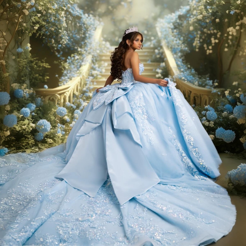 Sky Blue Shiny Quinceanera Dresses Ball Gown Off The Shoulder Applique Lace Beading Crystal Bow Corset Tull Party Birthday Sweet 16 Dress Vestidos 15 