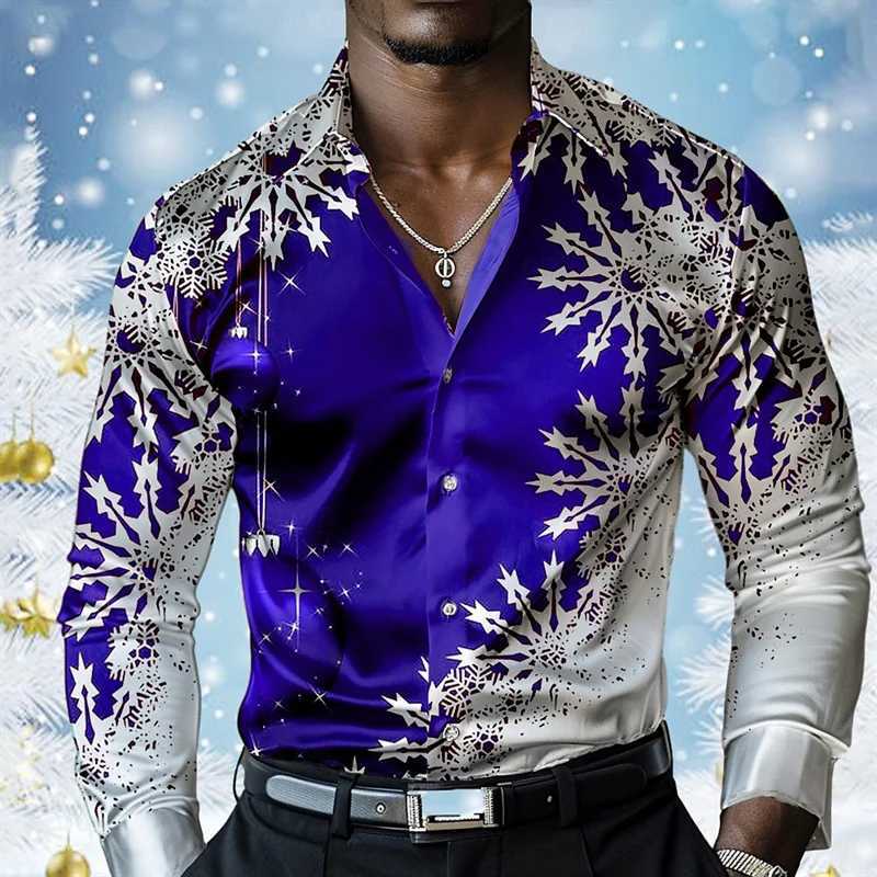 Colorful Snowflake Pattern Hawaiian Shirts For Men Merry Christmas 3D Printed Blouse Casual Loose ha Shirts Long Sves Tops Q251110