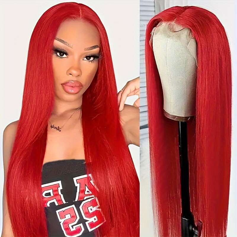 180% Density 13X4 Red For Women Pre-Plucked Baby Brazilian Virgin Straight Lace Front Long Human Hair Wigs