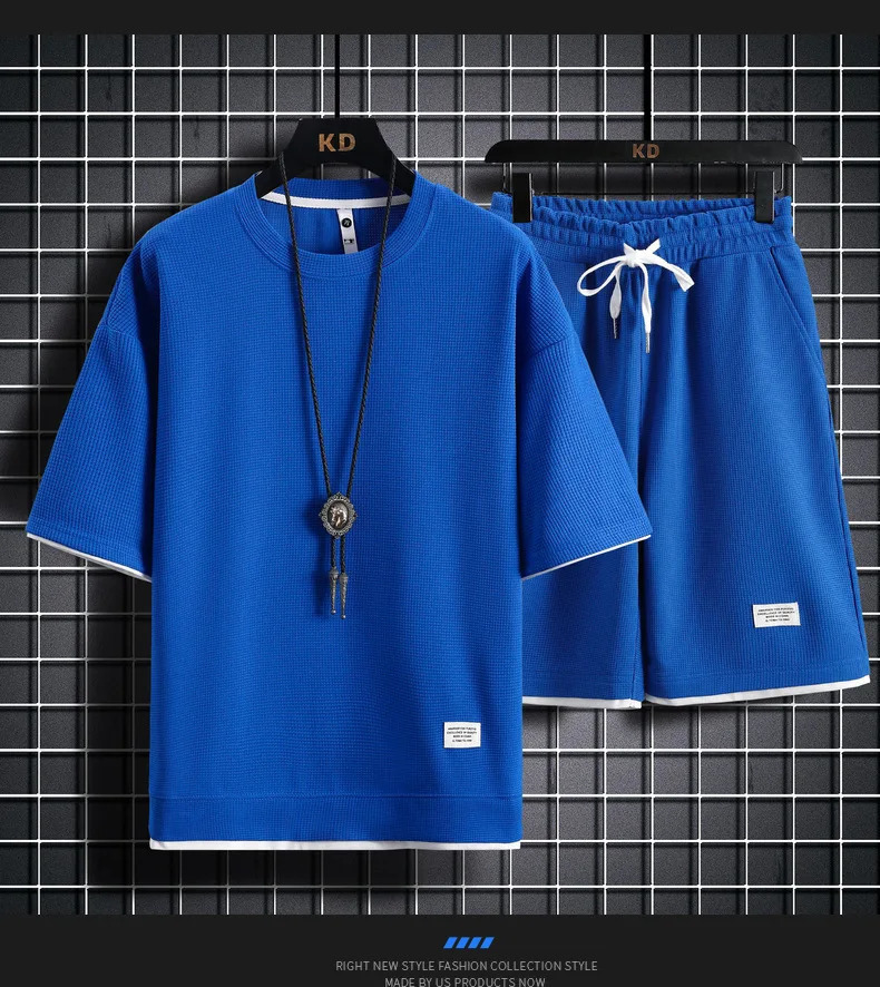 Printed Short-sleeved Top Shorts Two-piece Set Men Waffle Casual Suit Summer Breathable and Comfortable Training Clothes M-3XL 250409