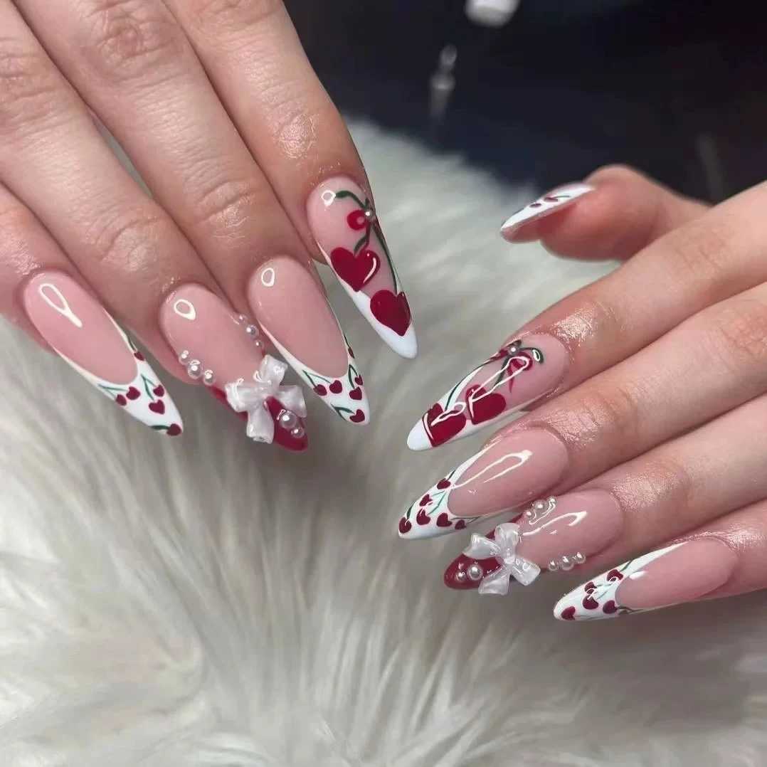 Design wearable fake nails simple manual pressing of nail tips art 24 pieces pink almond fake nails French butterfly ballet W250410