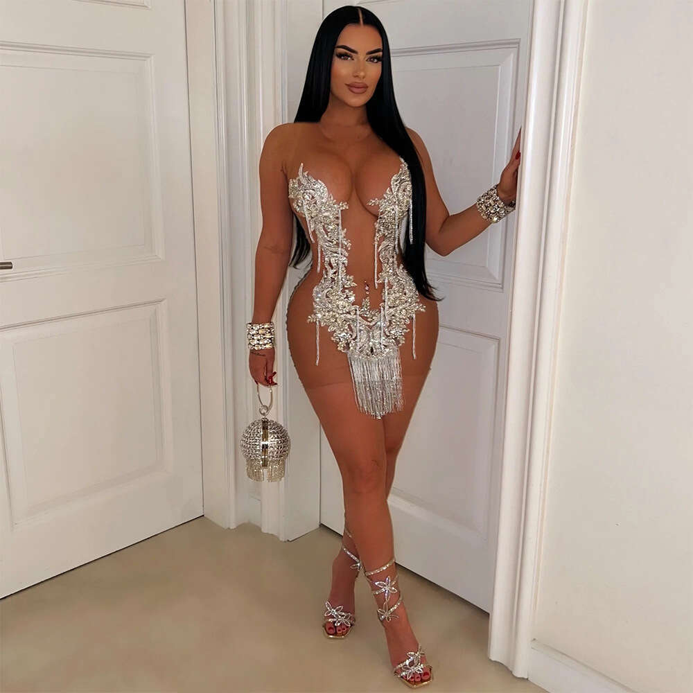 Style Sequin Sheer Fringe Sexy Bodycon Sleeveless Short Night club maxi dress SEXY DRESSES FOR WOMEN