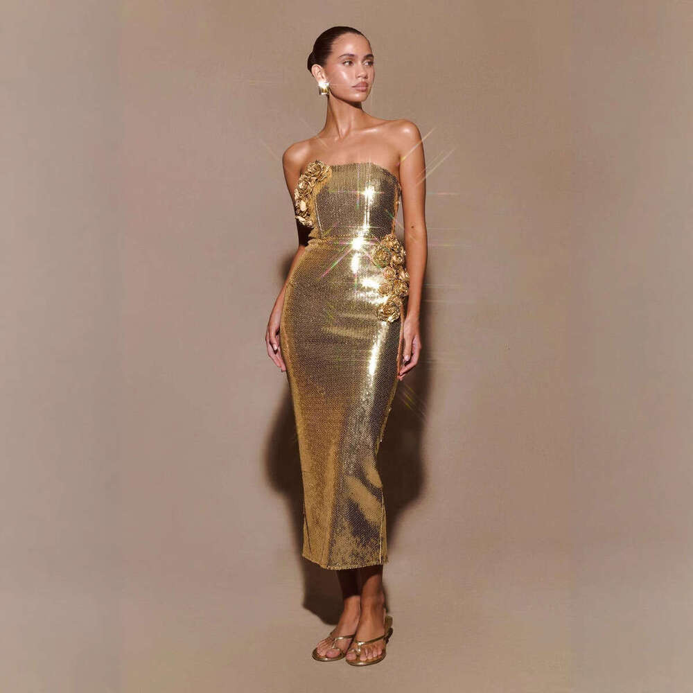 Style Cross-Border Fashion Elegant Strapless Sleeveless Sequin Long Plus Size Light Luxury High-End Women's Night club maxi dress SEXY DRESSES FO