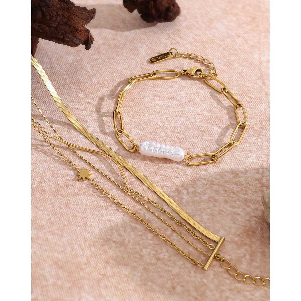 YACHAN Stainless Steel Layered Bracelet for Women Irregular Baroque Pearl 18K Gold Plated Trendy Waterproof JewelryT251110