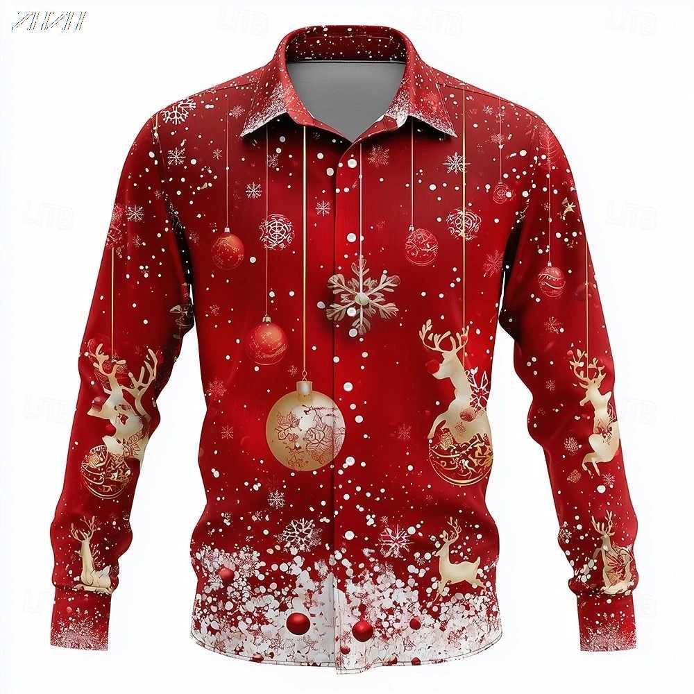 2025 Mens Christmas Santa Reindeer Shirt 3D Print Baubles Design Funny Button Up Collared Holiday Long Sleeve Tops K251110