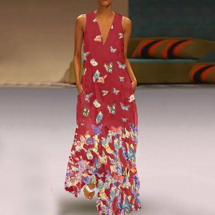 Summer Butterfly Print Bohemian Beach Skirt V-Neck Sleeveless Long Large Women's Dress