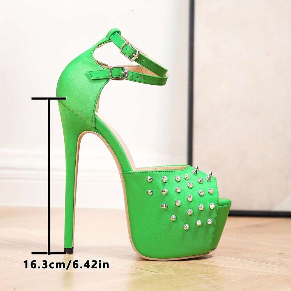 Women's Green Italian Roman Studded - 17Cm Heel, Peep Toe With Ankle Strap, Stylish Cut-Out Design, Perfect For Casual Or Party Wear, High Heel S