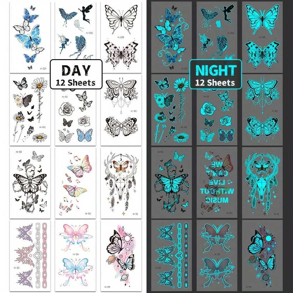 12 Butterfly Luminous Temporary Tattoos Blue Luminous Tattoo Stickers Female Hand Face Tattoos Music Party Decoration W250410