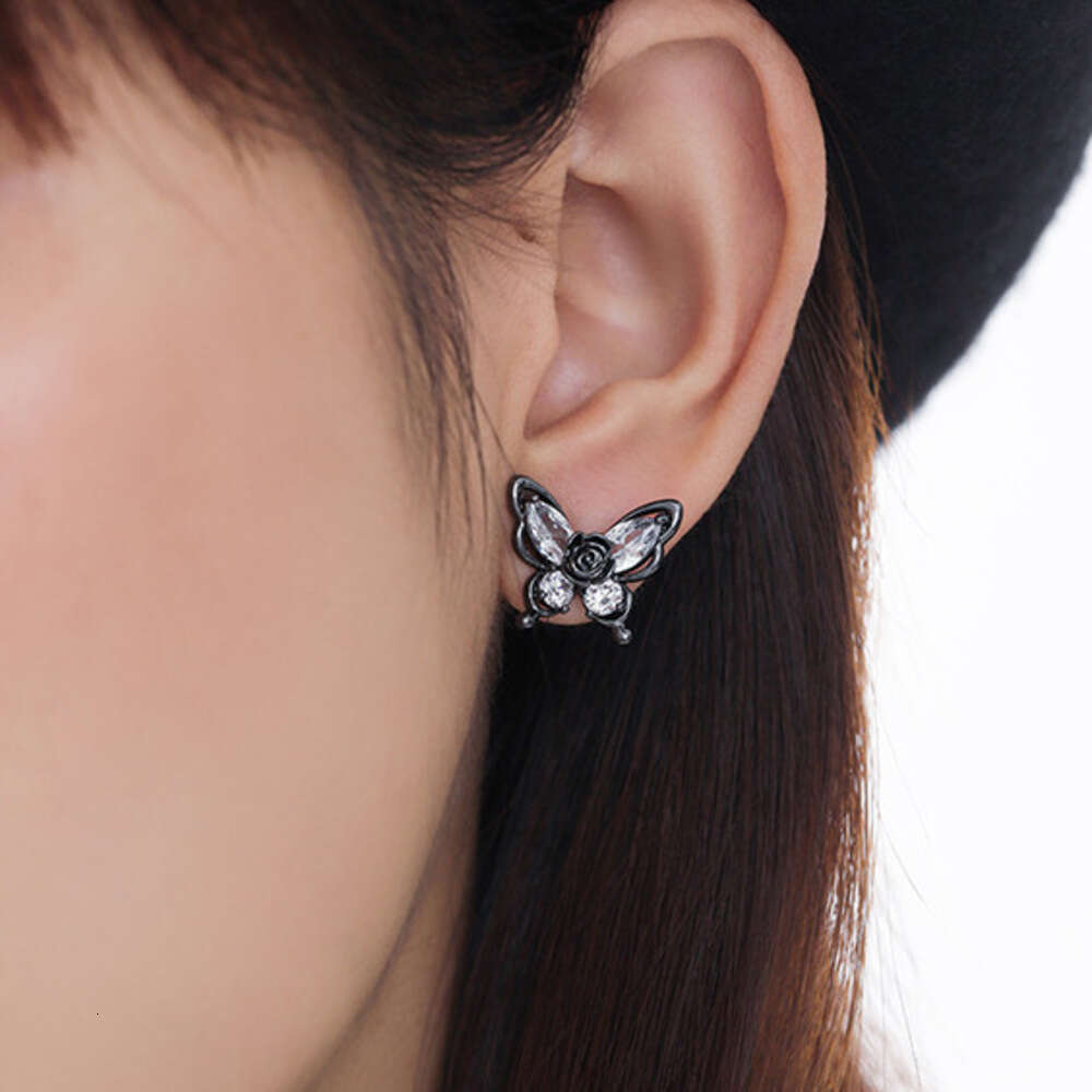 Gun Black Rose Butterfly Earrings for Women, Light Luxury Niche Design, Dark High-End Feel, Exquisite and Petite Ear Jewelry
