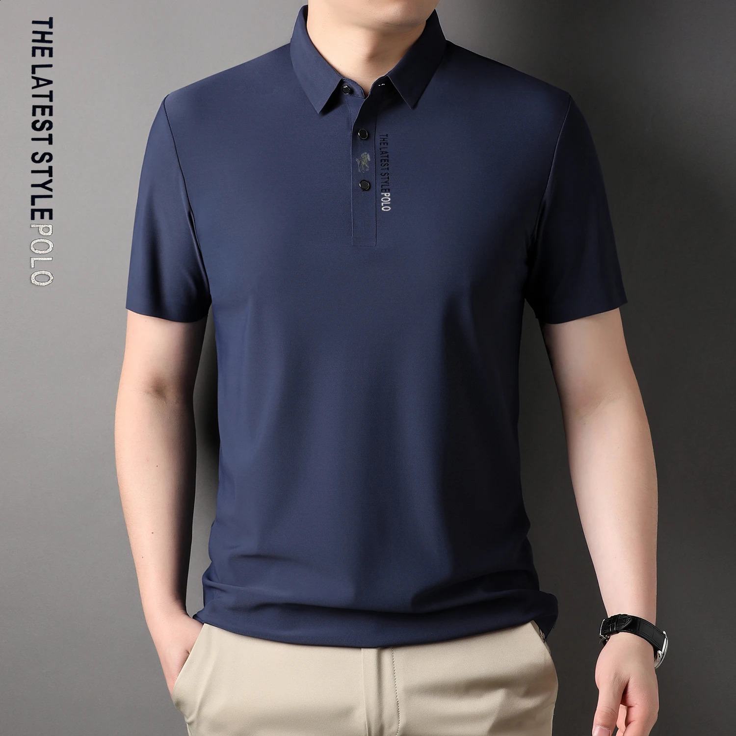 Ice Silk Embroidery Polo Shirt Summer Lapel Elasticity T-shirt Korean Fashion Short Sleeve Business Casual Men Clothing 250407