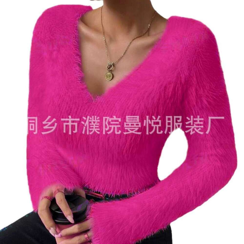 European and American Cross-Border Amazon Autumn Winter New Style Independent Station Solid Color V-Neck Slim Fit Versatile Fuzzy Short Women's S