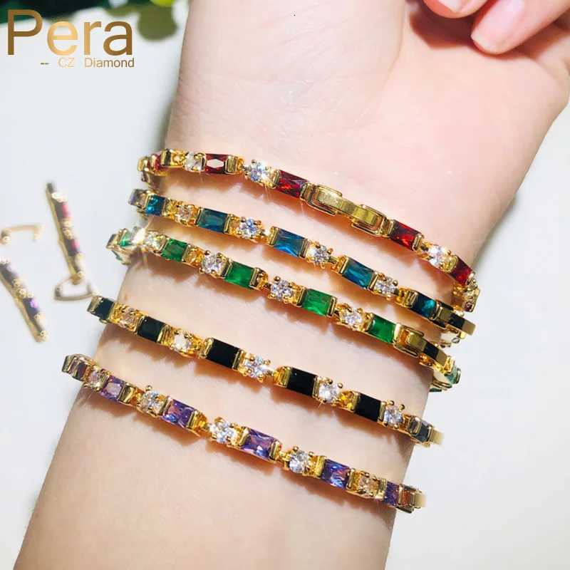 Pera Delicate Square Cut Red Cubic Zirconia Ladies Shiny Gold Color Thin Round Bangles Bracelets for Dinner Party Jewelry B162T251110