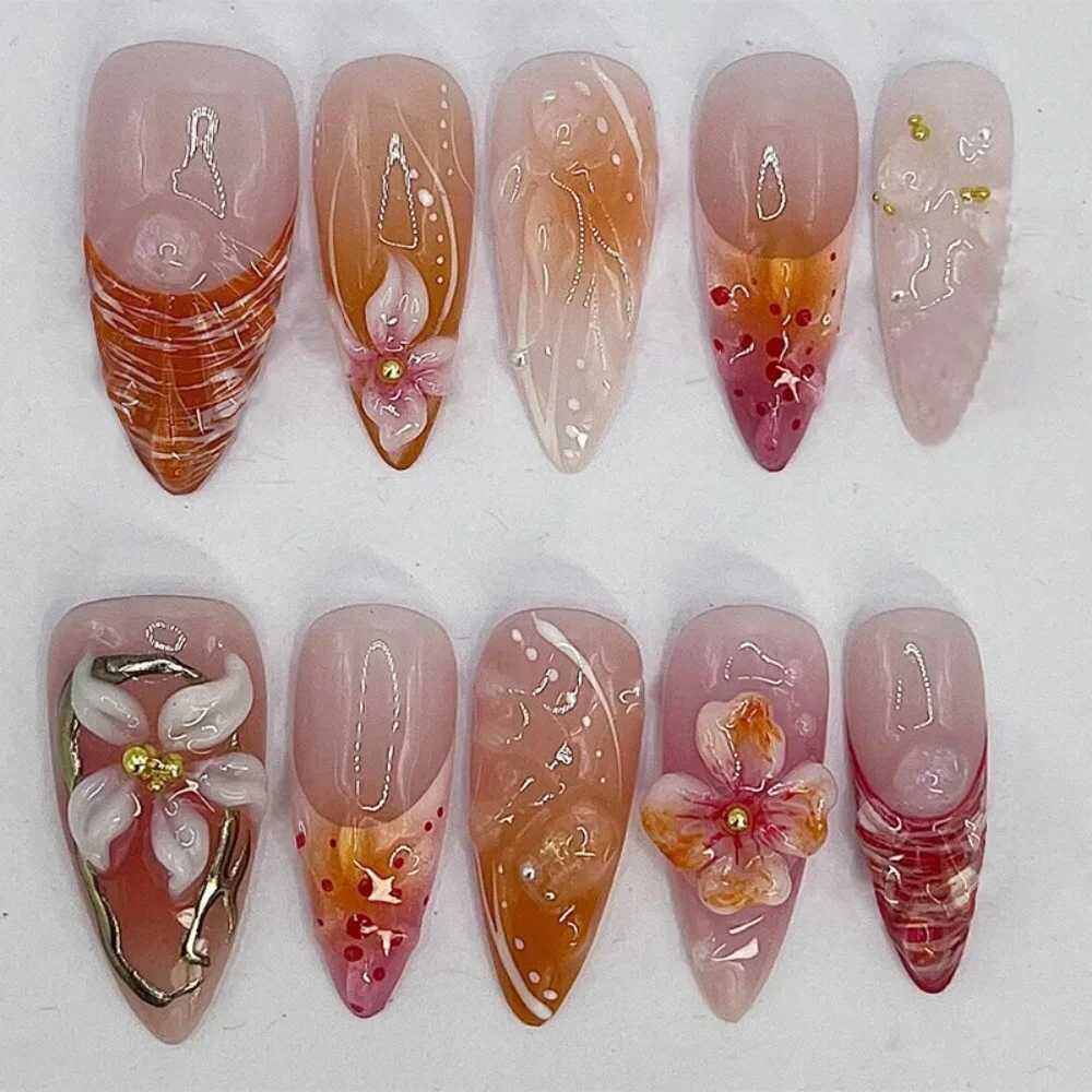 24 piece fake nail set on a press almond wearable simple French flower fake nail art gold bead design diamond processing tip W250410