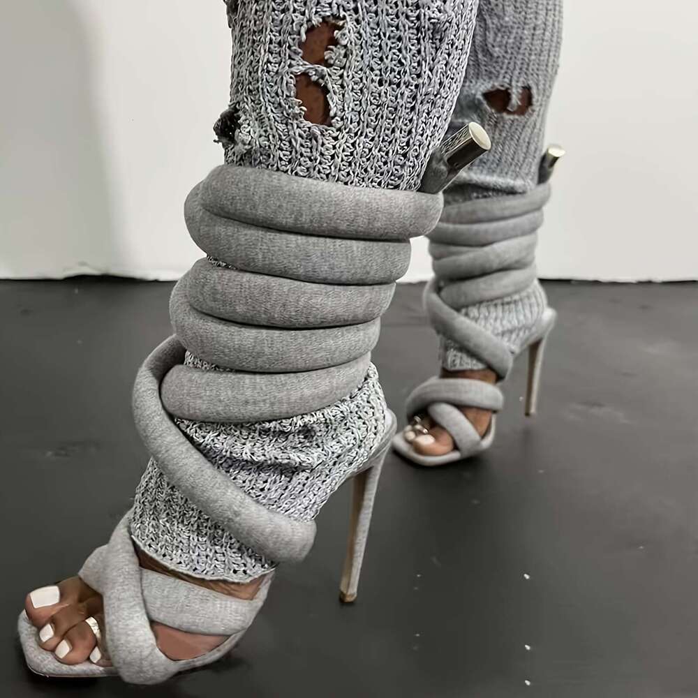 Strappy High Heels Gladiator With Grey Jersey Knit Fallopian Cloth Rope Lace Sexy Open Toe Square Stilettos Tie Up Heeled Sandals For Women US Size 6-