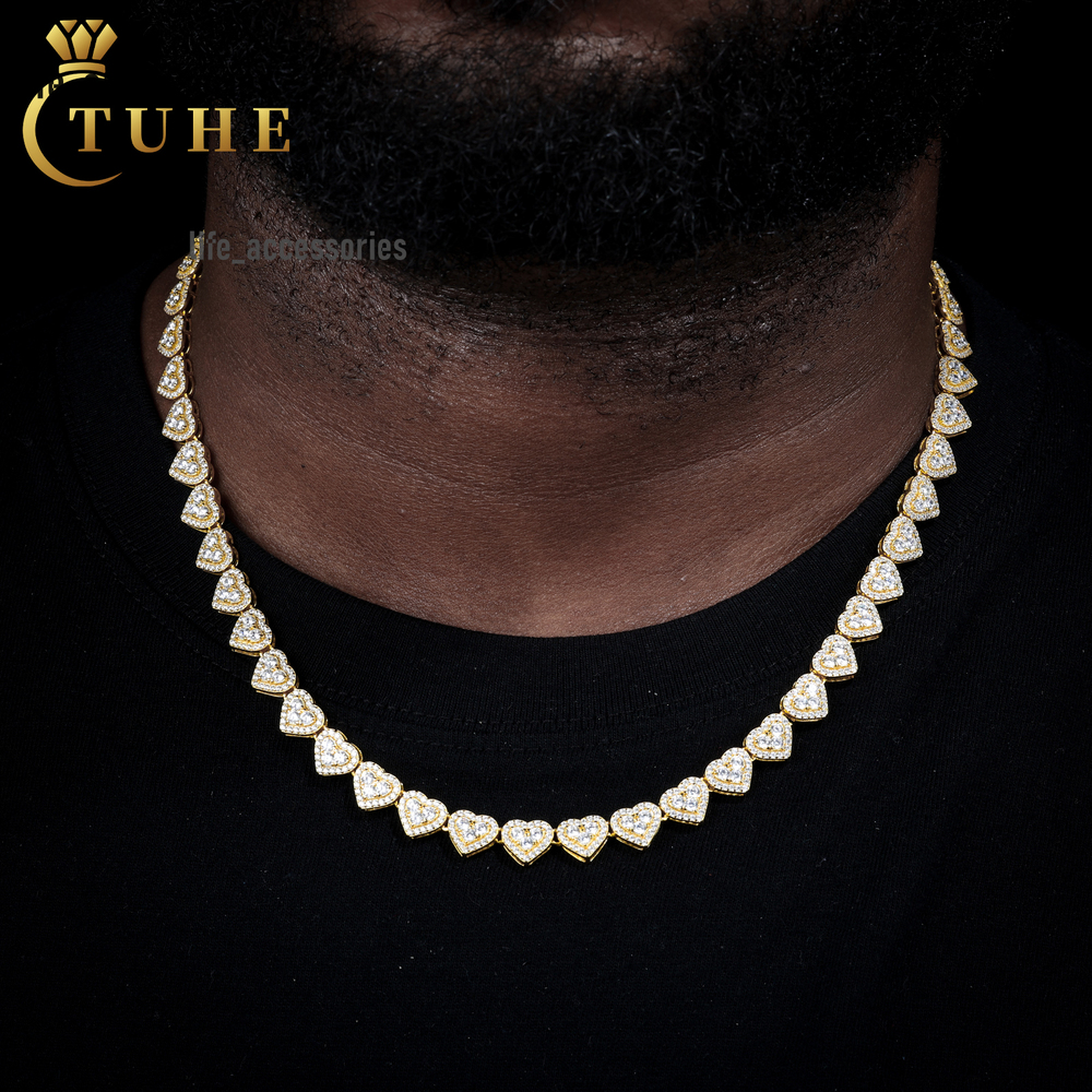 Luxury Party Jewelry 8MM Gold Plated 925 Sterling Silver VVS Moissanite Diamond Valentine Gifts Heart Tennis Chain Necklace