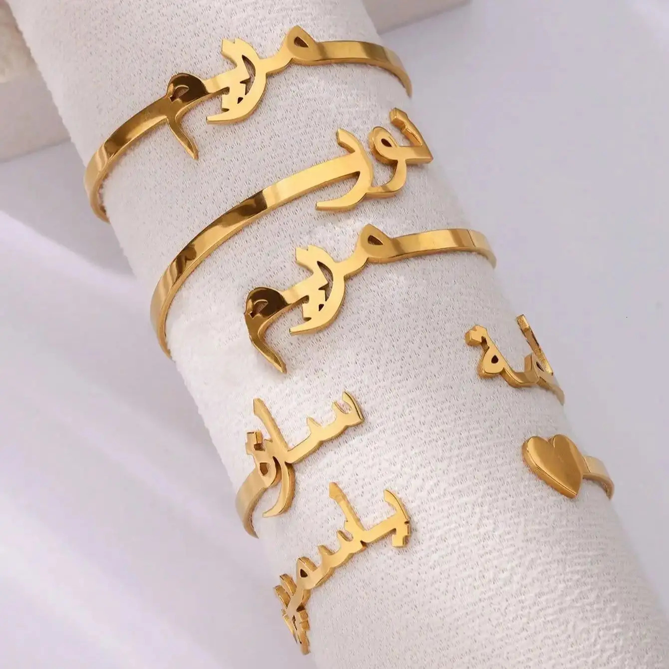 Personalized Arabic name bracelet with heart-shaped customization dual name stainless steel adjustable bracelet with opening Islamic jewelry gift 2504