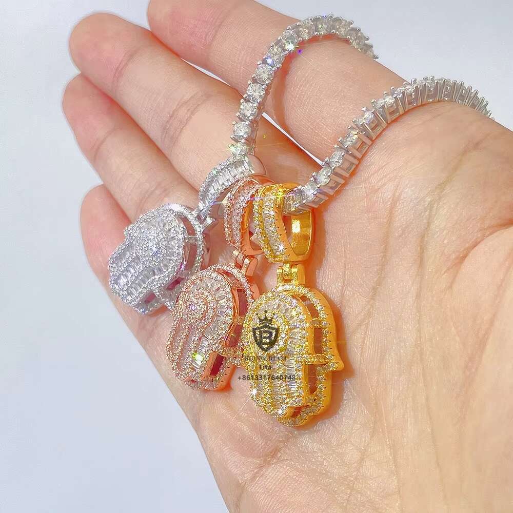 Wholesale Factory Directly Sticking Out One Layer baguette Moissanite Hamsa Hand 925 Silver Pendant