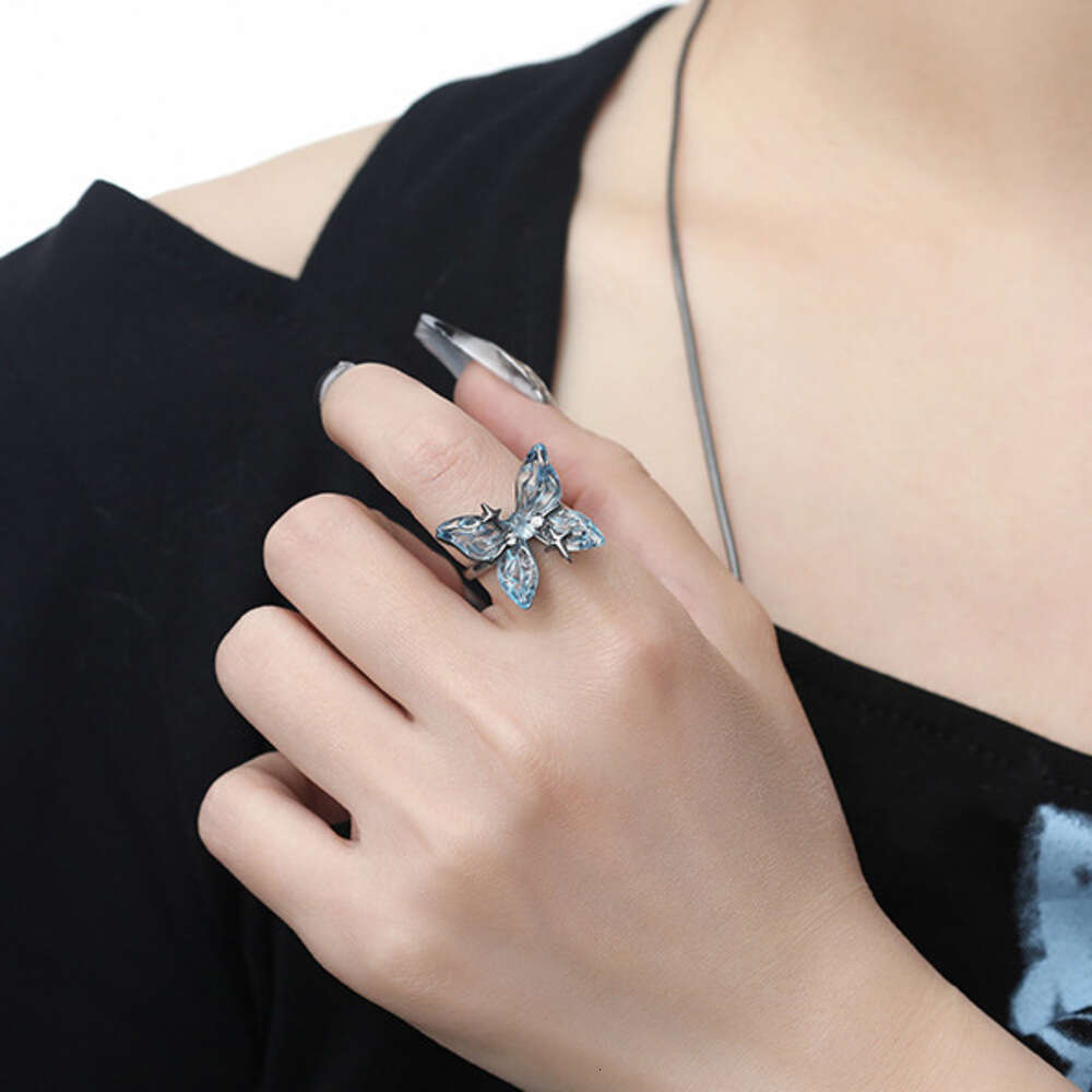 Blue Butterfly Ring for Women, Fairy Light Luxury, High-End Feel, Cold Style, Exquisite Adjustable Open Ring, Wholesale