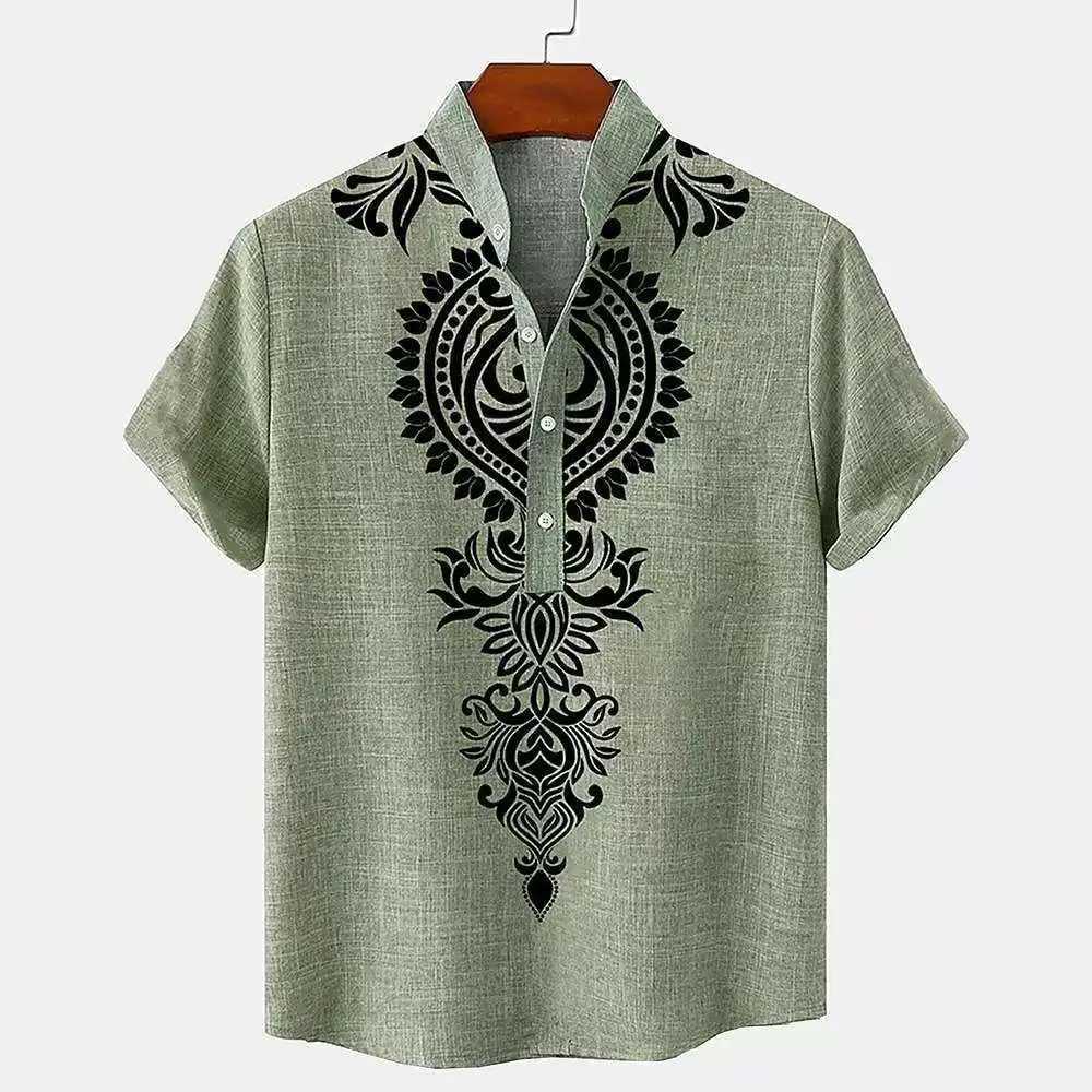 100% solid color linen hot selling shirt with half open button up stand collar and solid color linen mens top in European sizes X250410