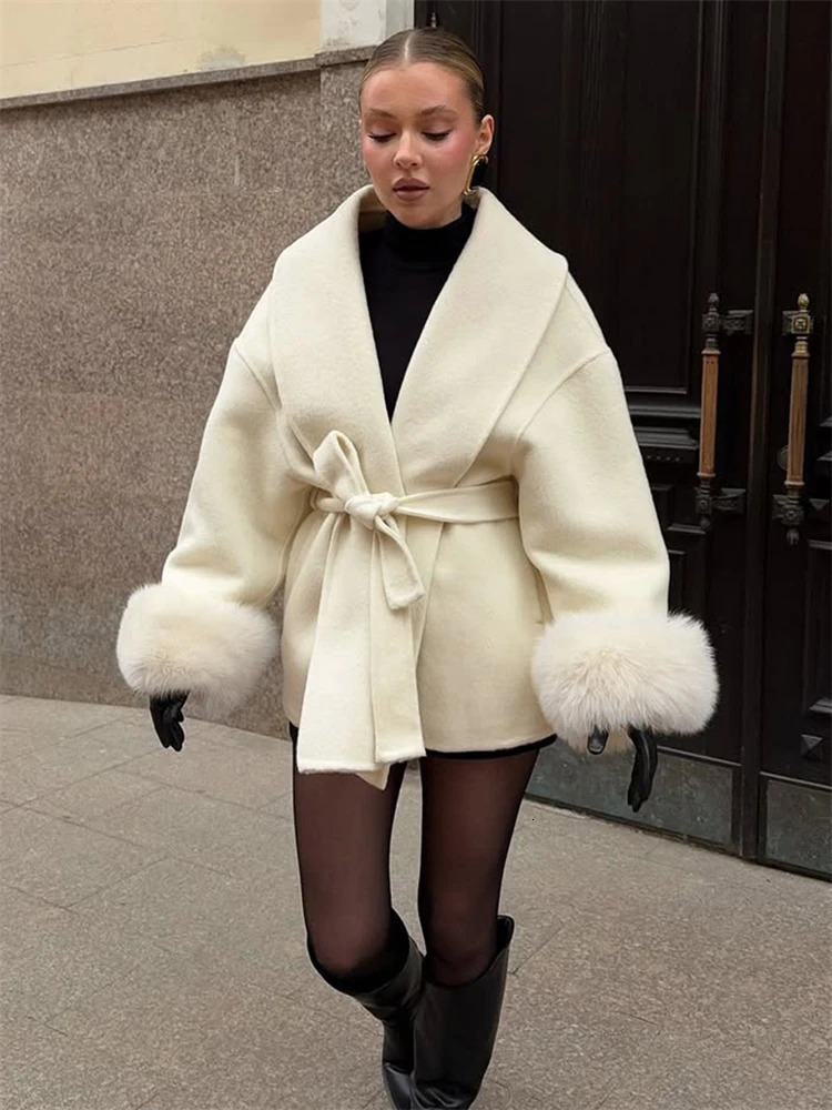 Trendix Fur Woolen Womens Autumn Coat Fashion Patchwork DoubleSided Wool Overcoat Elegant Office Jacket 251105