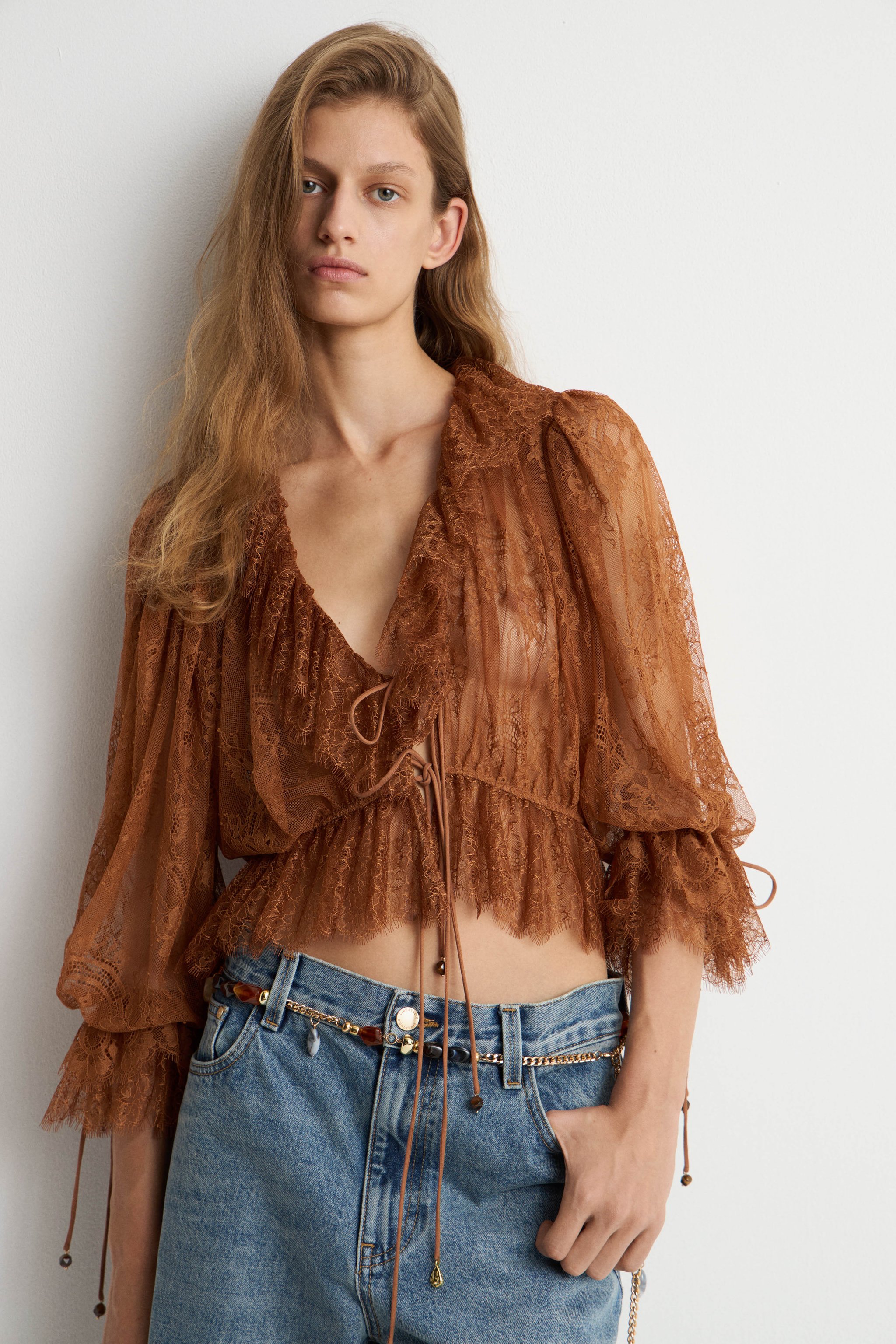 Women's Brown Sheer Lace Floral Blouse, V-Neck Tie Detail Ruffled Sleeve Top