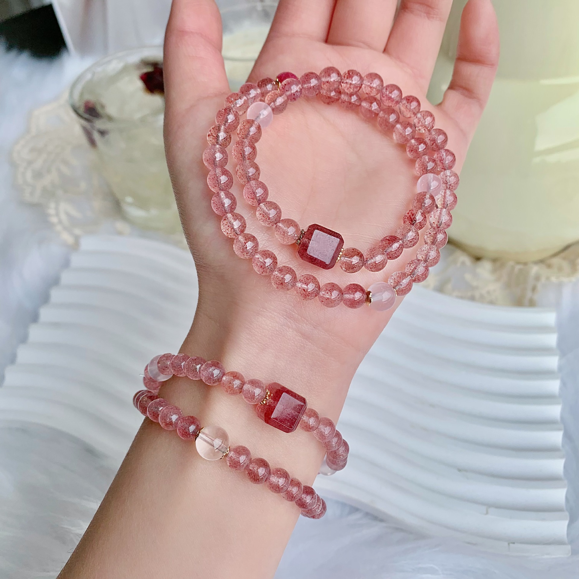 Strawberry Quartz Crystals Custom Crafted Wrist Accessory