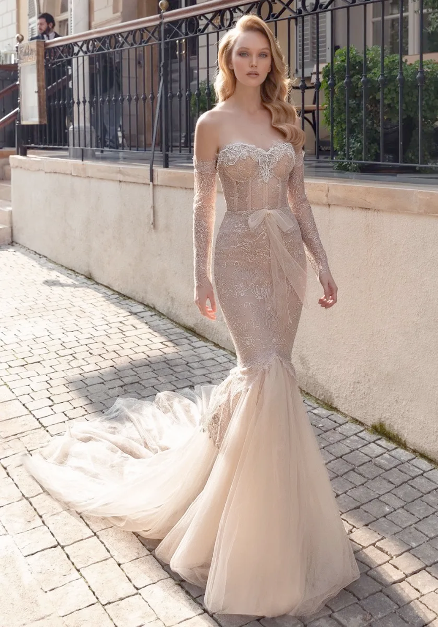 sexy nude mermaid wedding dresses sweetheart beaded corset lace wedding gowns with detachable long sleeve robes de marie
