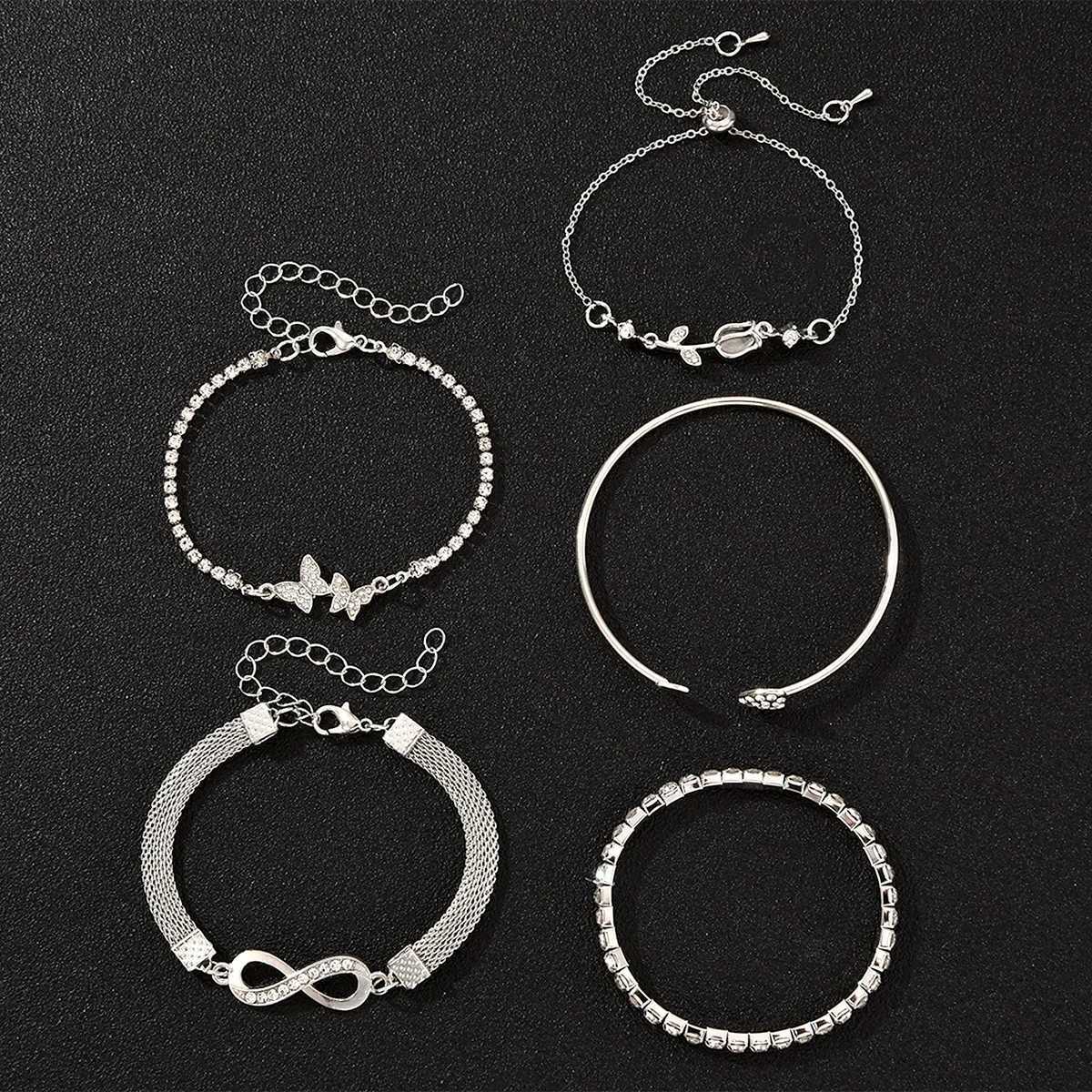 5Pcs Vintage Elegant Heart Butterfly Bracelets For Women Silver Color Rose Infinity Crystal Bracelets Sets Fashion Jewelry GiftT251110