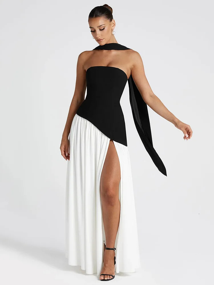Mozision strapless sexy long dress womens dress patch work scarf collar high score style club party long dress 250409