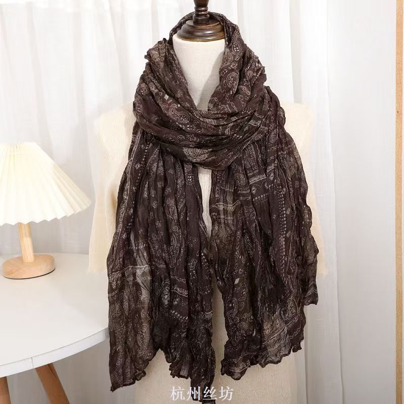 T446 winter cold windproof shawl ethnic style silk scarf female autumn and winter pleated cotton and linen feel warm neck scarf