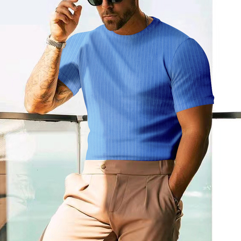 Tem 2025 Summer Mens Short Sleeve T-shirt Solid Color Casual Stripe Round Neck Slimming Henley Shirt