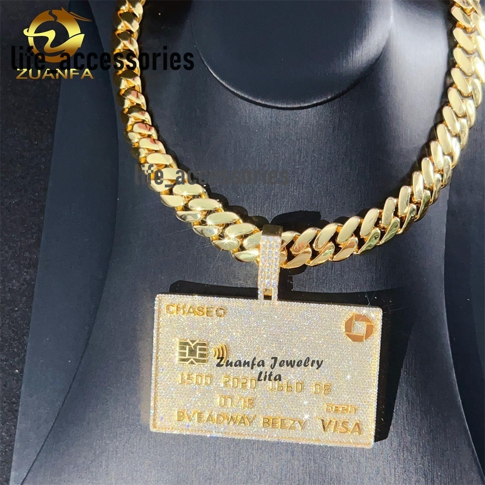3 Width Credit Card Custom Rapper Hip Hop Unique Diamond VVS 18k Gold Plated 925 Silver Iced Out Moissanite Pendant