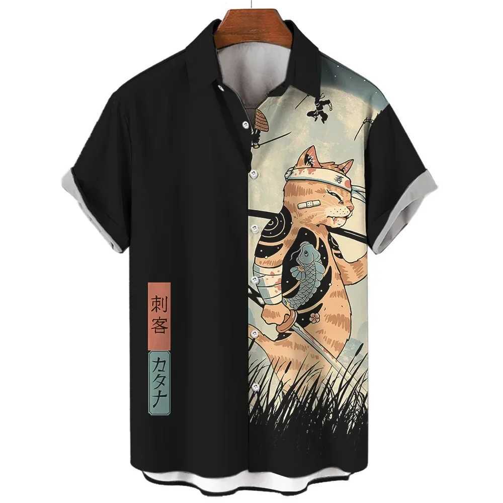 Hawaiian mens short sleeved button down shirt casual clothing Samurai cat summer new item plus size mens short sleeved Shi X250410