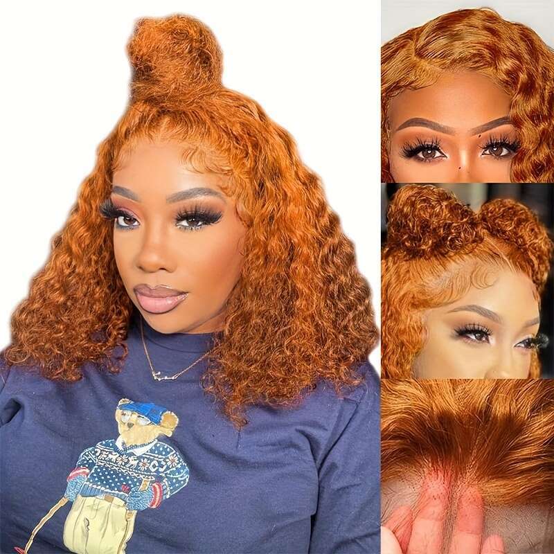 Curly 13X4 Hd Wigs Human Ginger Orange Colored 200 Ensity Deep Wave Bob Lace Front Wig Pre Plucked With Baby Hair