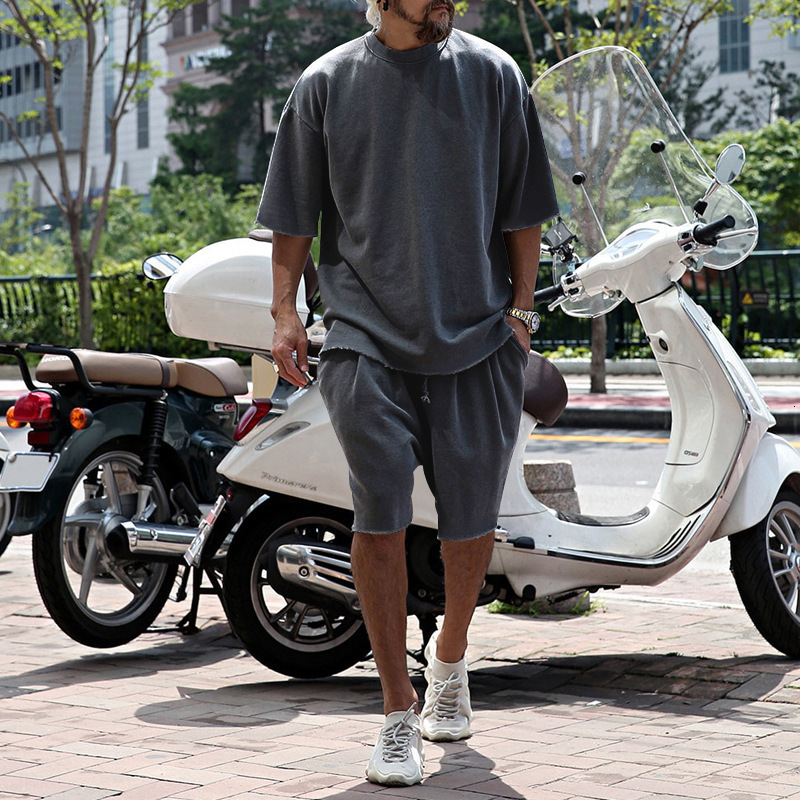 2025 summer sports vintage suit mens t-shirt casual loose short sleeved shorts set