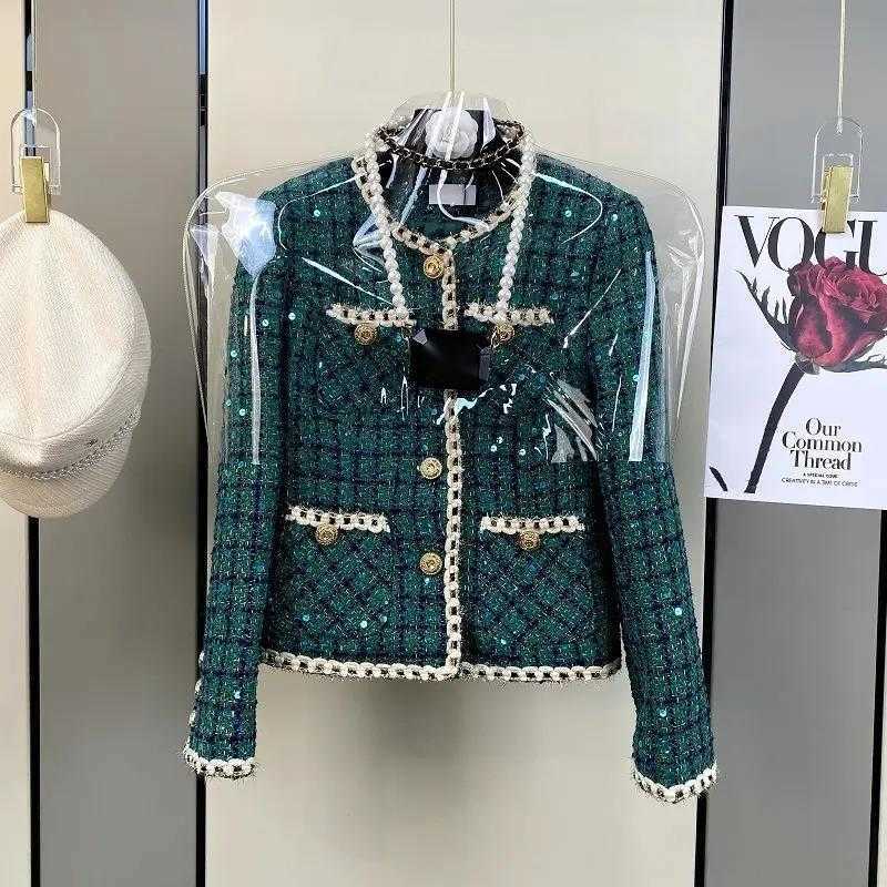 Women Elegant Vintage Tweed Fragrant Suit Jacke Coat Top And Skirt Two Piece Set Green Outfit Winter Jacquard Party Clothing W251110