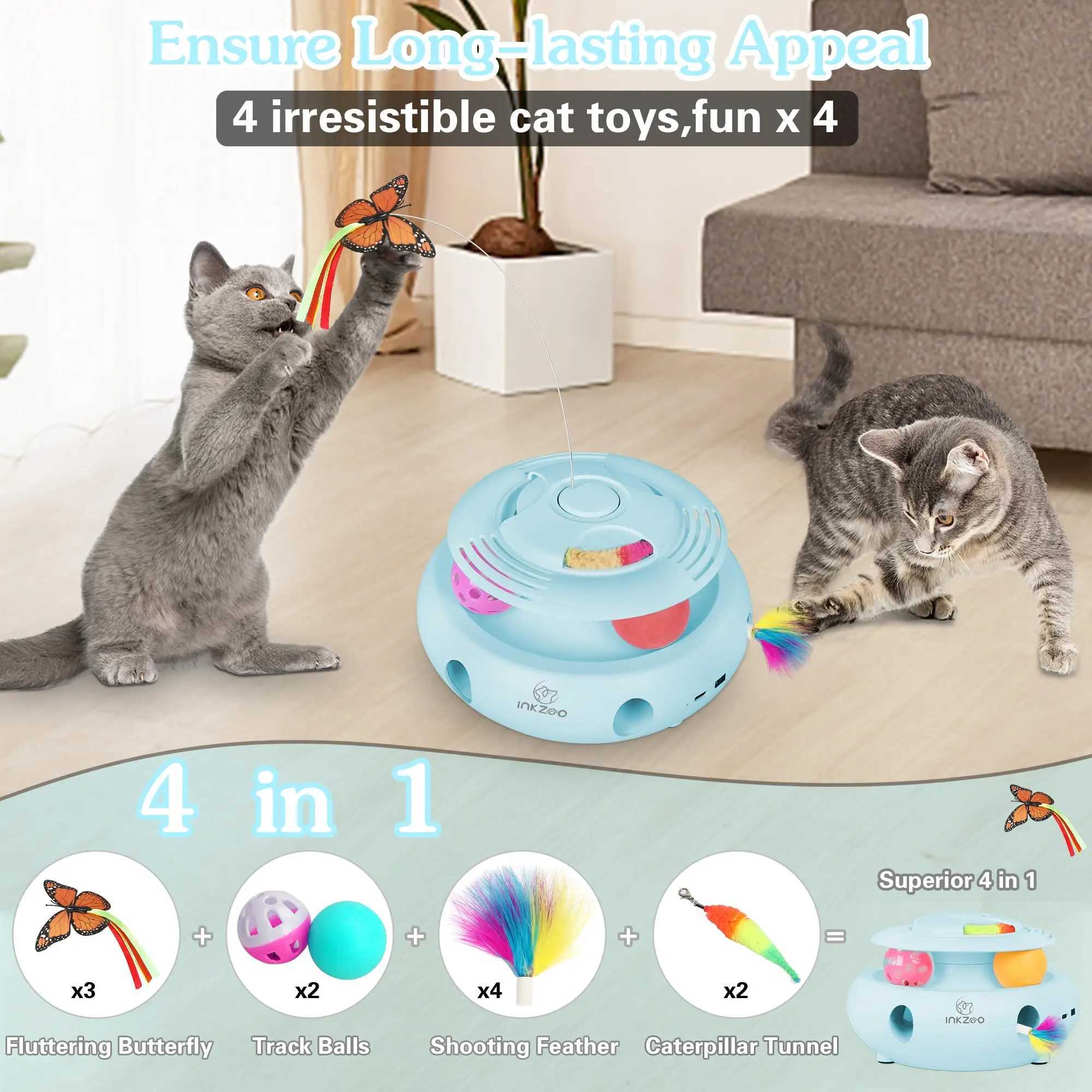 INKZOO 4-in-1 Interactive Cat Toys for Indoor Cats Automatic 6 Holes Mice Whack-A-Mole Fluttering Butterfly Track Balls USB J2511081
