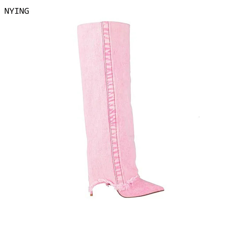 2025 High Boot Knee Pointer Toe Heels Shoes Woman Jeans Pants Boots Pumps Mujer Gladiator Botas 44 251106