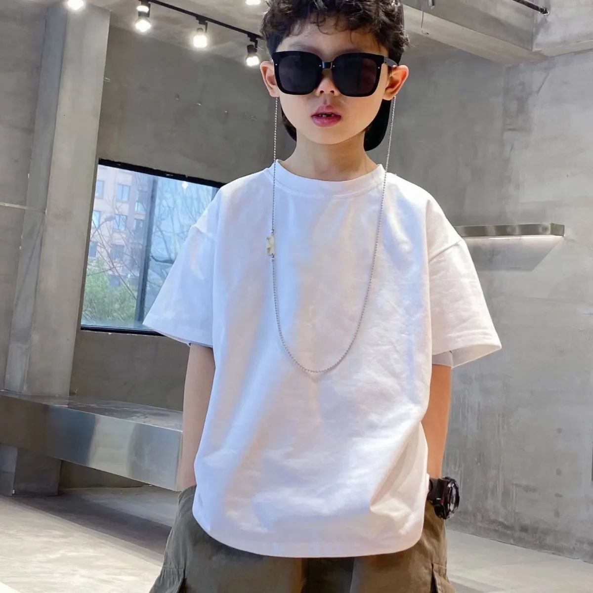 GS- Ddmyshoesvip Boys Short Sleeved Pure Cotton Loose Shoulder Top Summer Clothing Boys Big Children S T Shirt Trendy