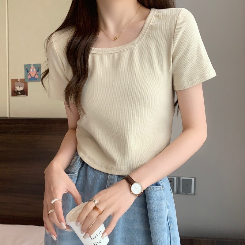 2025S Designer Women S T Shirt Design Sense Fit Slim Curved Hem Top Women Summer Threaded Bottom Shirt Short Sleeved T Shirt For Women